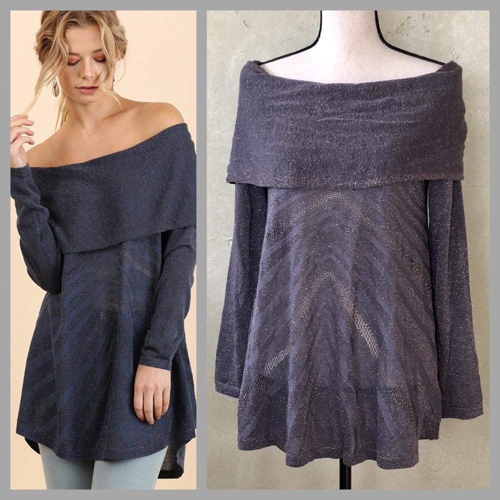 NWT UMGEE Off Shoulder Fold Over Glitter Sweater